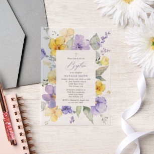 Invitations En Vélin Fleurs violettes, Fleurs jaunes, Bohème, Baptême