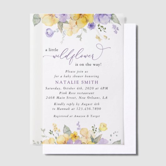 Invitations En Vélin Fleurs violettes, Fleurs Jaunes, Boho, Baby shower (Compenser)