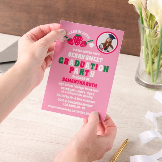 Invitations En Vélin Fraise Photo Graduation Party (Ordinateur de poche)