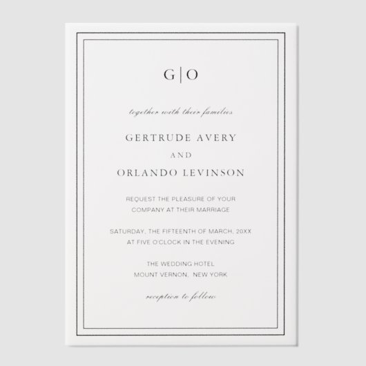 Invitations En Vélin Gertrude Noir et Blanc Classique Mariage élégant (Recto)