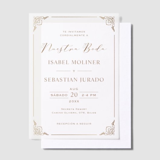 Invitations En Vélin Gold Frame Motif Nuestra Boda Mariage espagnol (Compenser)