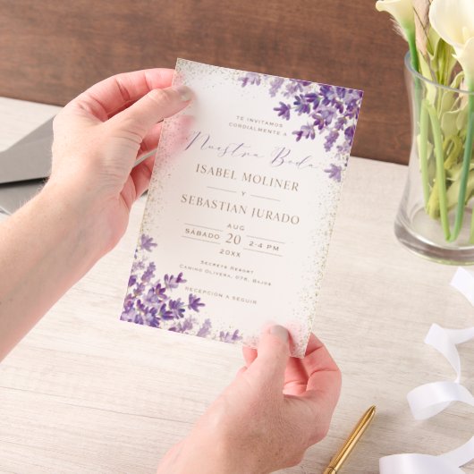 Invitations En Vélin Gold Purple Lavender Nuestra Boda Mariage espagnol (Ordinateur de poche)