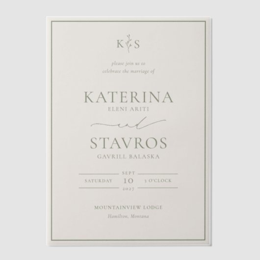 Invitations En Vélin HARMONIE | Mariage vert Sage (Recto)
