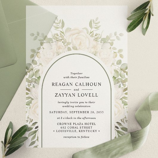 Invitations En Vélin Iivoire Et Sage Élégant Arc Mariage Floral
