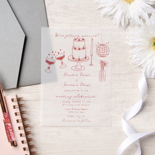Invitations En Vélin Illustrations faites à la main Doodles Maroon Mari (Mariage)