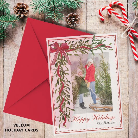 Invitations En Vélin Joyeuses vacances Mistletoe Red Bow Family Photo