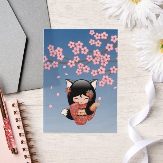 Invitations En Vélin Kitsune Kokeshi Doll Black Fox Geisha Blue Insert (Mariage)