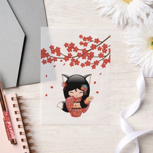 Invitations En Vélin Kitsune Kokeshi Doll Black Fox Geisha Red Insert (Mariage)