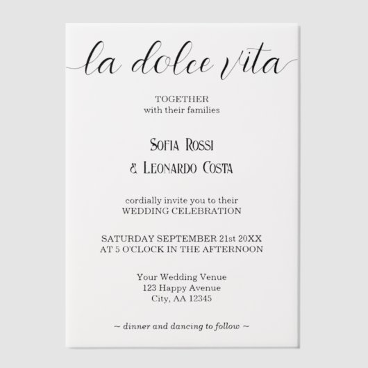 Invitations En Vélin La Dolce Vita Script Élégant Mariage italien (Recto)
