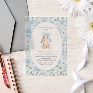 Invitations En Vélin Lapin Mignon, Nœud Bleu, Fleurs Bleues, Premier An
