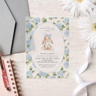 Invitations En Vélin Lapin Mignon, Nœud Bleu, Fleurs Bleues, Premier An