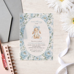 Invitations En Vélin Lapin Mignon, Nœud Bleu, Fleurs Bleues, Premier An