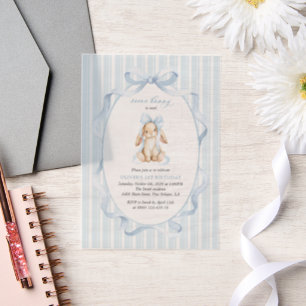 Invitations En Vélin Lapin Mignon, Nœud Bleu, Rayures Bleues, Premier A