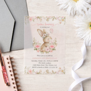 Invitations En Vélin Lapin, Papillon, Fleurs Roses, Premier Anniversair