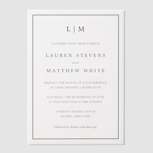Invitations En Vélin Lauren Noir et Blanc Monogramme Mariage élégant (Recto)