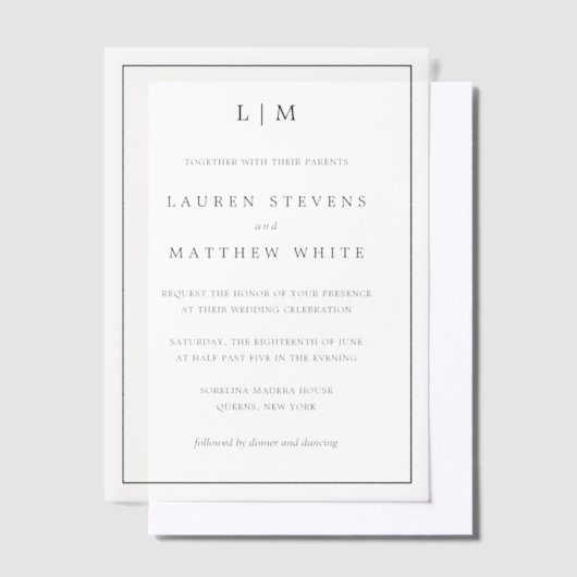 Invitations En Vélin Lauren Noir et Blanc Monogramme Mariage élégant (Compenser)