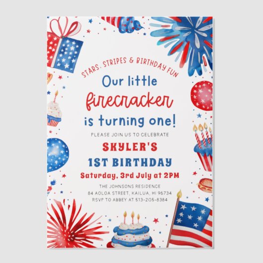 Invitations En Vélin Little Firecracker 4 juillet 1ère fête d'anniversa (Recto)