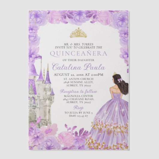 Invitations En Vélin Lumière violet or Tiara Princess Quinceañera (Recto)