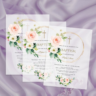Invitations En Vélin Luxury Pink Blush Floral Gold Cross Baptism