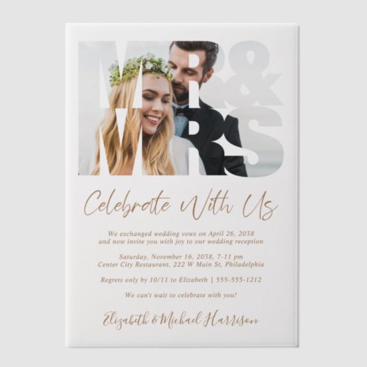 Invitations En Vélin M. Mme Photo Gold Script Mariage Réception (Recto)