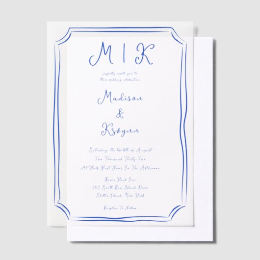 Invitations En Vélin Main dessinée Whimsical Blue Mariage français (Compenser)