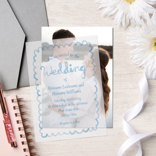 Invitations En Vélin Main Whimsical tiré Mariage bleu clair