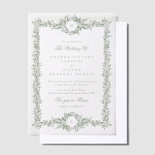 Invitations En Vélin mariage à double monogramme vert sauge (Compenser)
