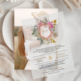 Invitations En Vélin Mariage au monogramme à crête florale rose pastel