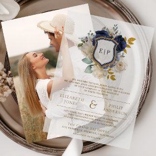 Invitations En Vélin Mariage au monogramme de blason floral bleu marine