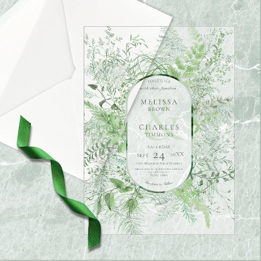 Invitations En Vélin Mariage blanc de feuillage vert de fougère rustiqu