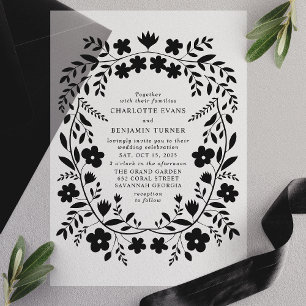 Invitations En Vélin Mariage cadre floral art populaire noir 