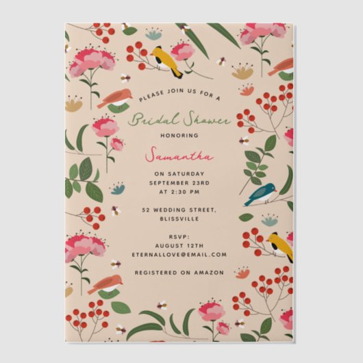 Invitations En Vélin Mariage Champêtre Fleurs Oiseaux Abeilles Dessinés (Recto)