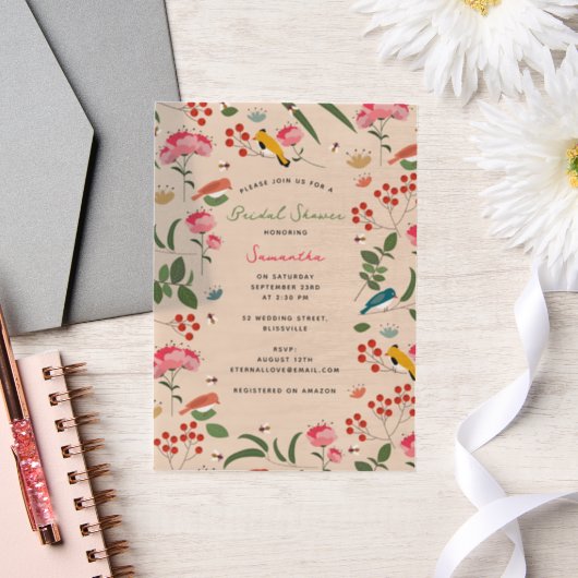 Invitations En Vélin Mariage Champêtre Fleurs Oiseaux Abeilles Dessinés (Mariage)