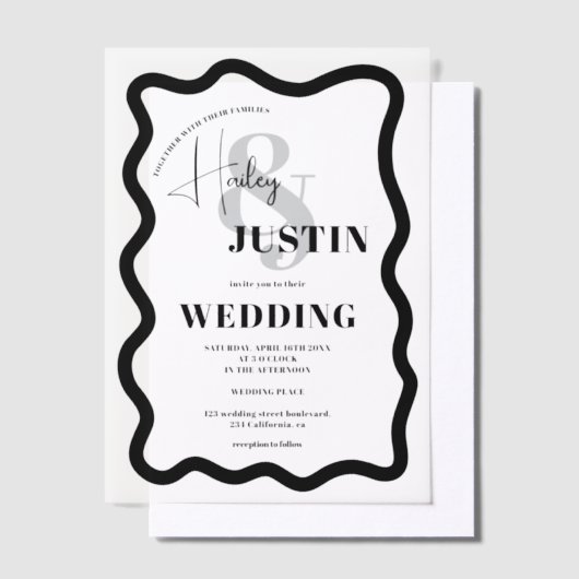 Invitations En Vélin Mariage chic moderne Black Retro Wavy Frame (Compenser)