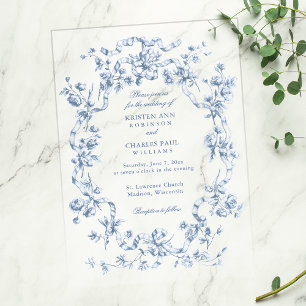 Invitations En Vélin Mariage Classique Fleurs et Rubans Bleu Français