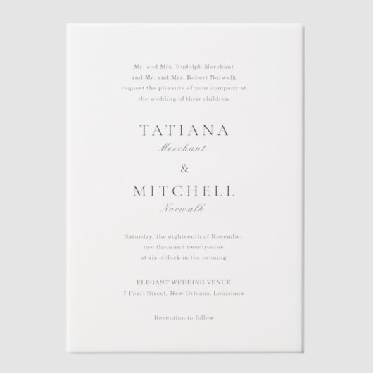 Invitations En Vélin Mariage classique noir et blanc élégant (Recto)