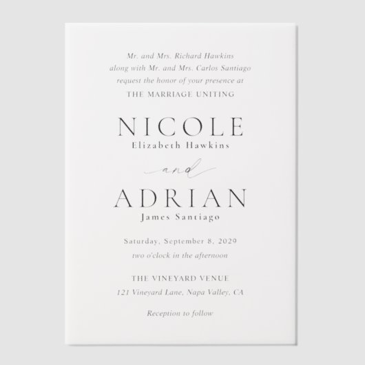 Invitations En Vélin Mariage classique noir et blanc élégant (Recto)