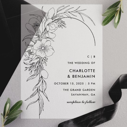 Invitations En Vélin Mariage d'arc de bouquet floral noir
