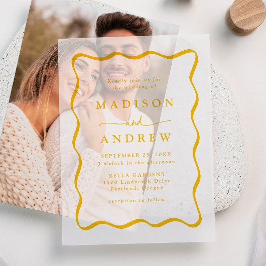 Invitations En Vélin Mariage de cadre moderne Jaune Wavy