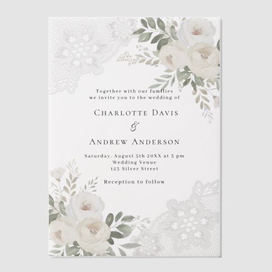 Invitations En Vélin Mariage de dentelle fleurie blanche (Recto)
