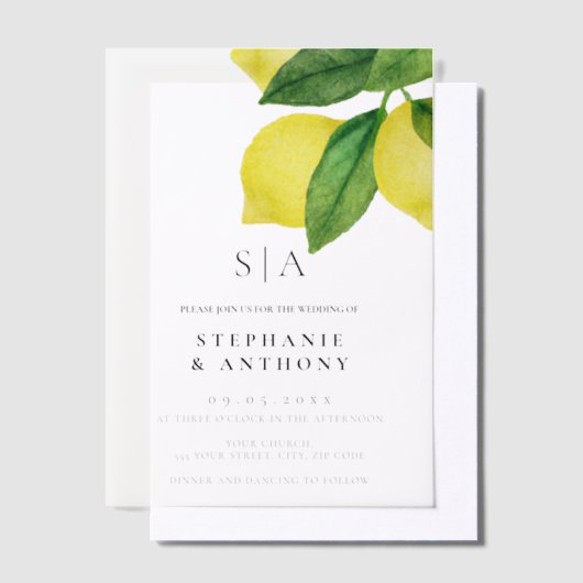 Invitations En Vélin Mariage de la succursale de citrus Monogram Lemon (Compenser)