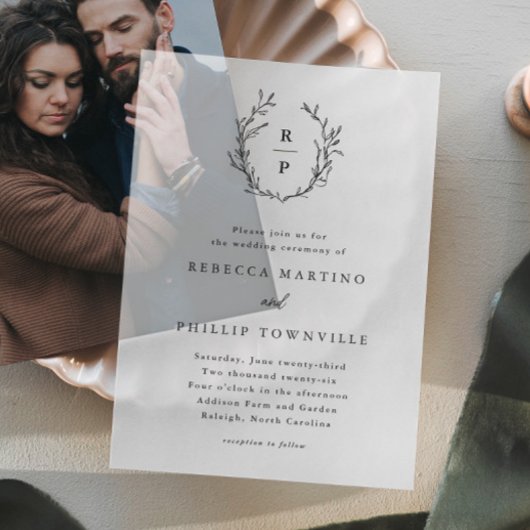 Invitations En Vélin Mariage de monogramme de couronne de laurier tiré 