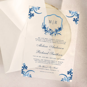 Invitations En Vélin Mariage de monogramme de la crête florale bleue