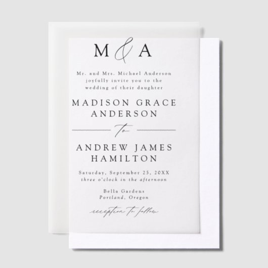 Invitations En Vélin Mariage de monogramme moderne élégant en noir (Compenser)