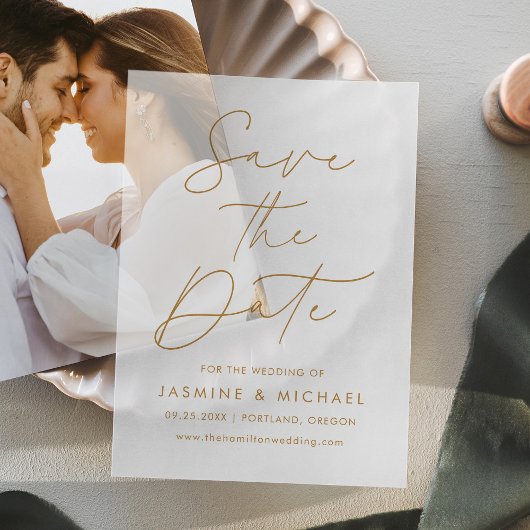 Invitations En Vélin Mariage de script d'or moderne Enregistrer la date