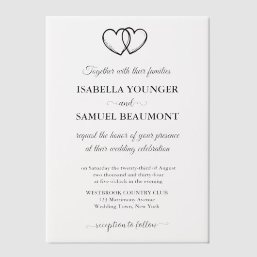 Invitations En Vélin Mariage élégant Deux Coeurs Texte personnalisé sup (Recto)
