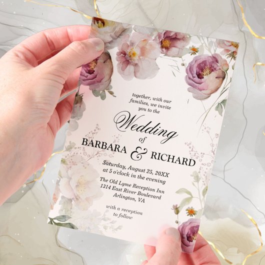 Invitations En Vélin Mariage Elegant Fleur sauvage rose Aquarelle