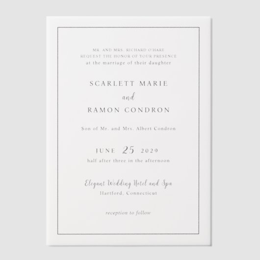 Invitations En Vélin Mariage élégant noir et blanc intemporel (Recto)