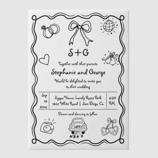 Invitations En Vélin Mariage fantaisiste gribouillé à la main (Recto)