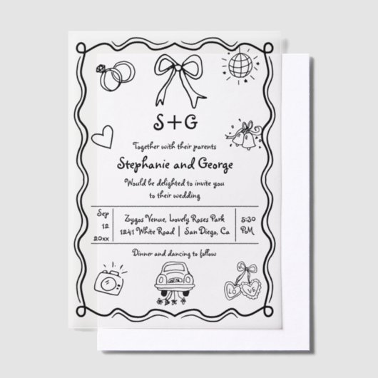 Invitations En Vélin Mariage fantaisiste gribouillé à la main (Compenser)